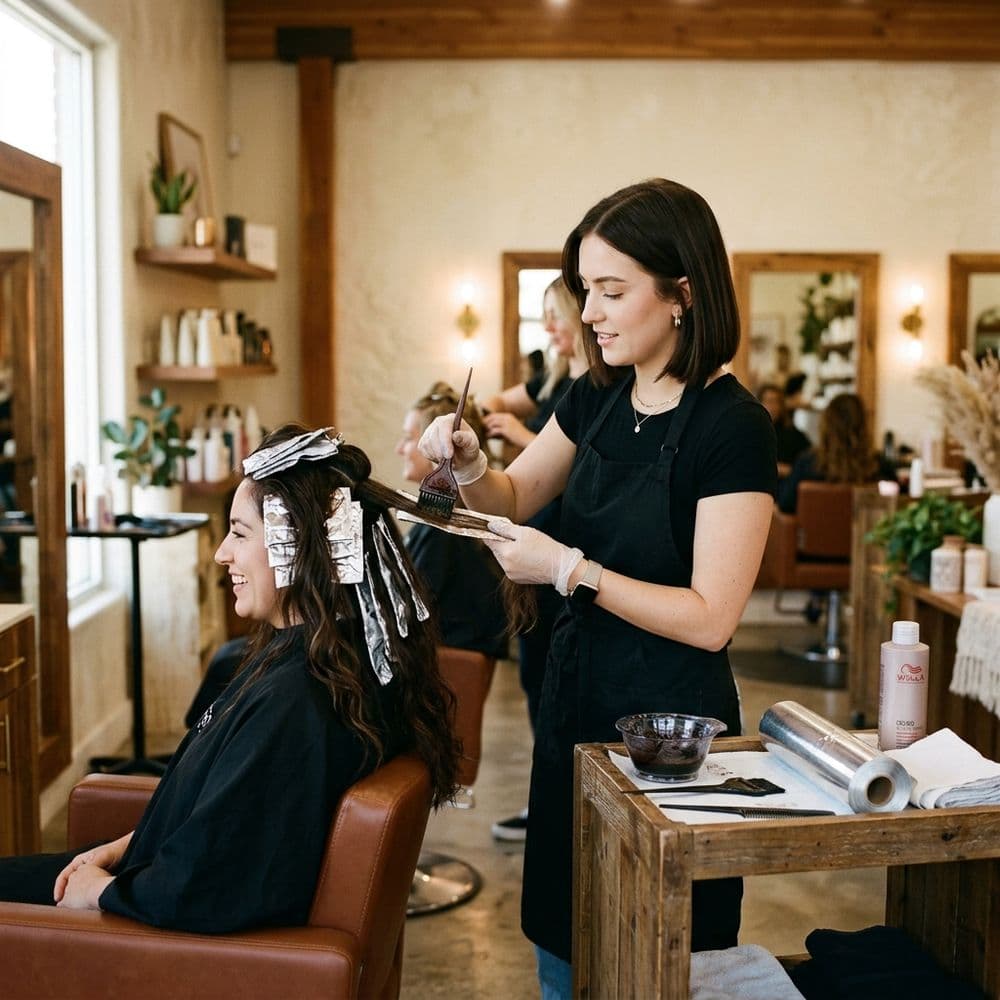 Hair colour being applied with foils
