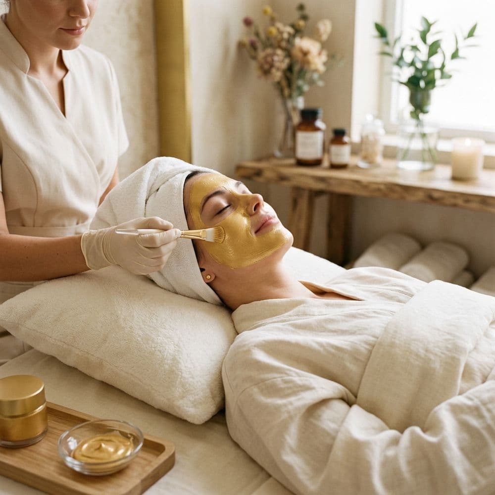 A gold facial mask being applied