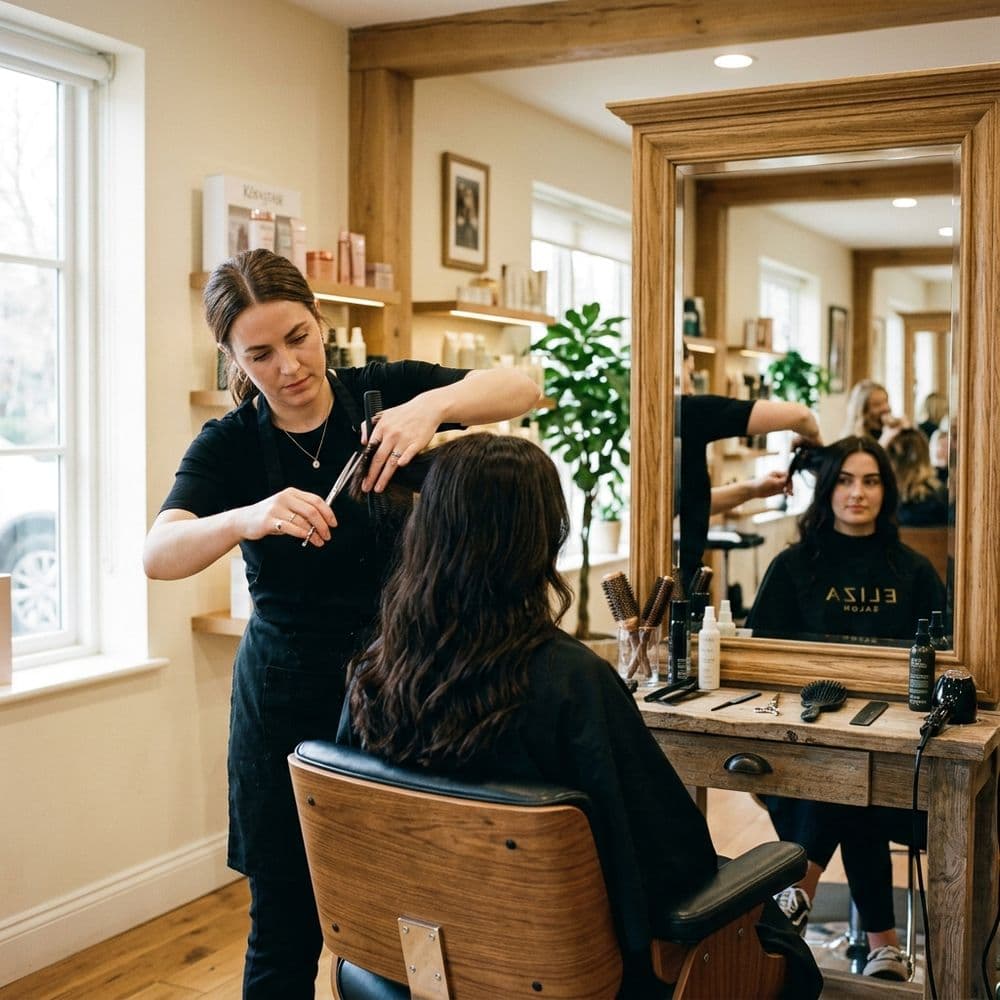 A stylist cutting a client’s hair in the salon