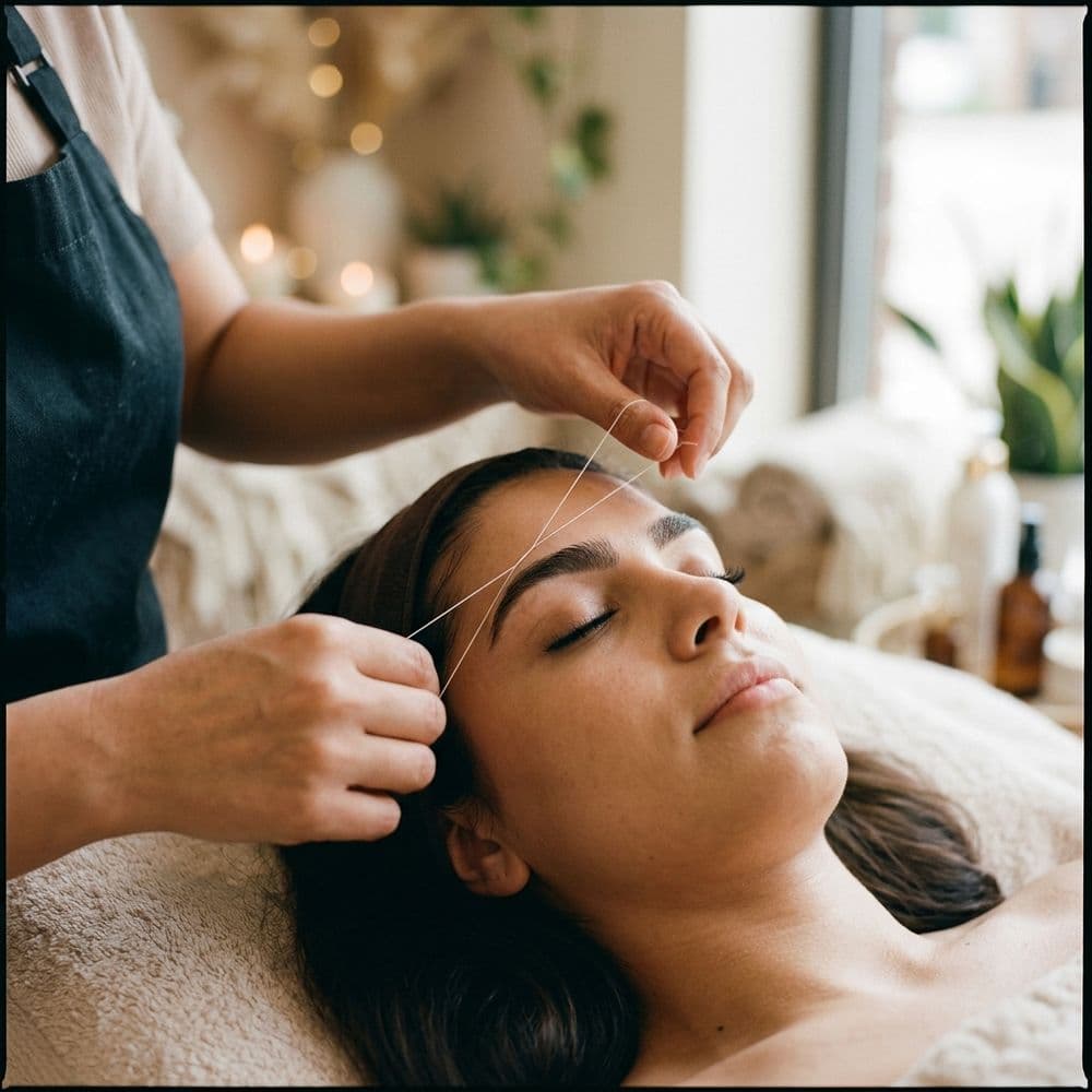 Eyebrow threading being performed in a salon