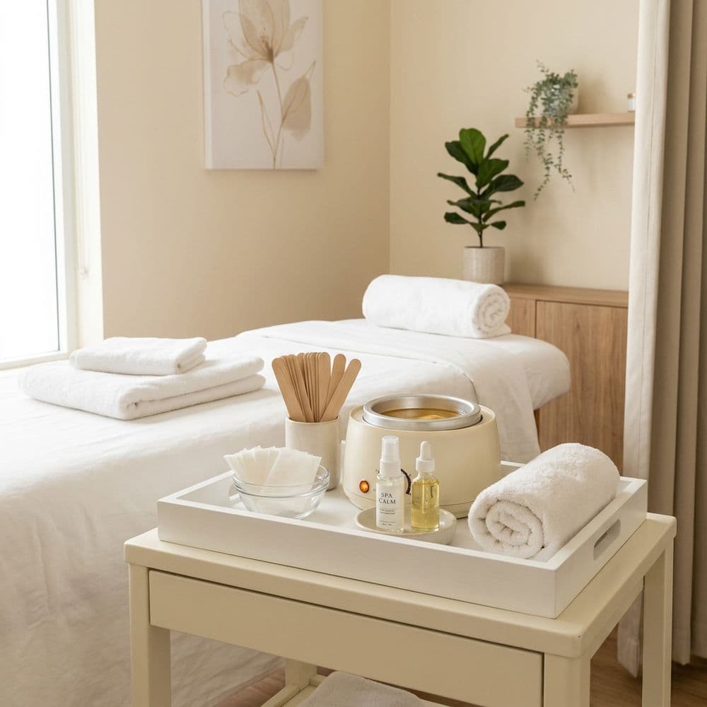 A waxing treatment station prepared with wax, spatulas and linen