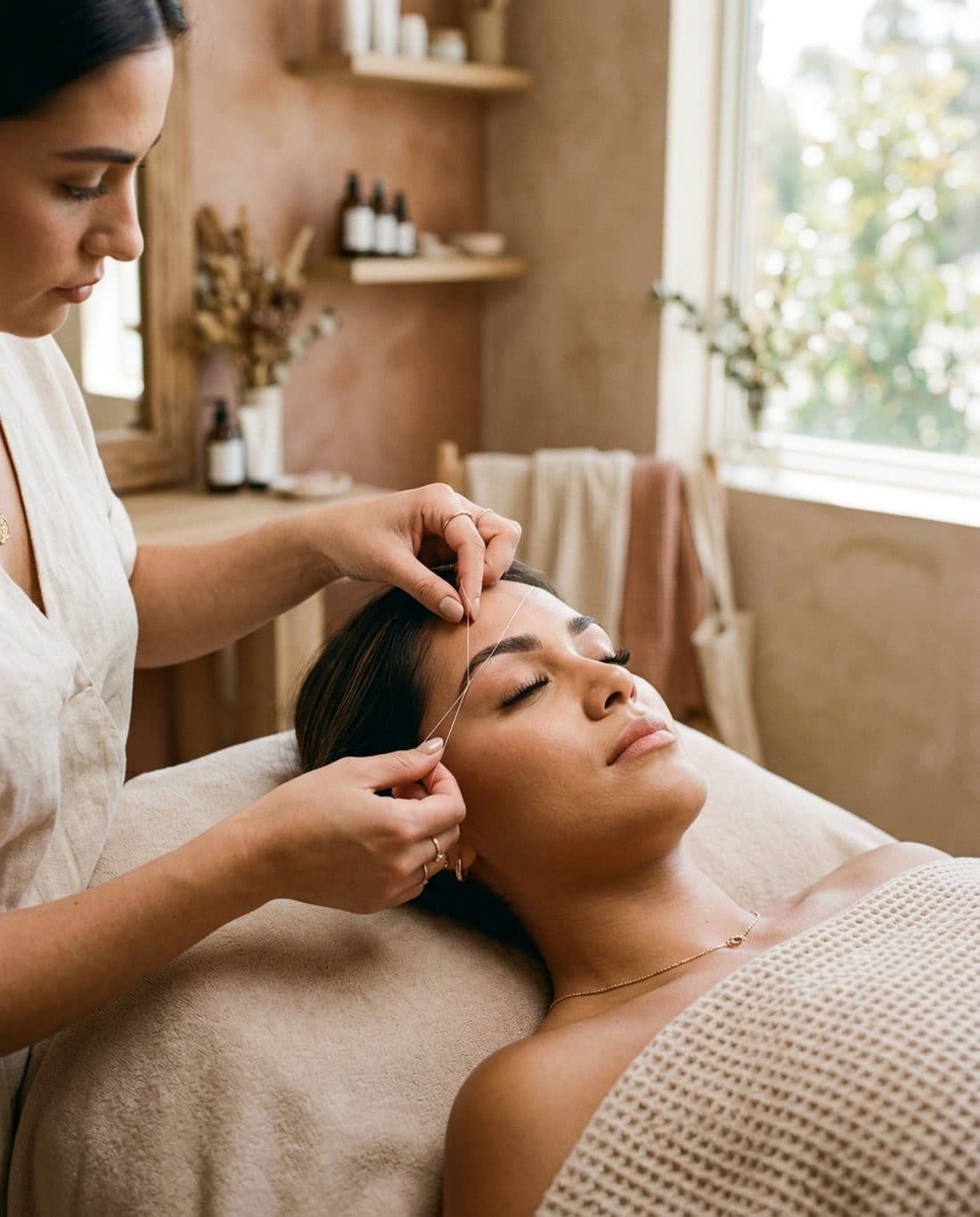 Eyebrow threading in progress at the salon